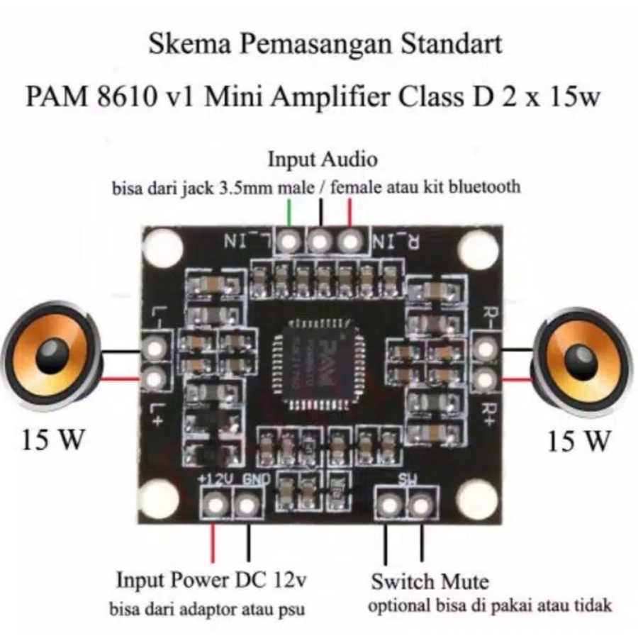 Kit Power Amplifier Mini Stereo PAM8610 PAM 8610 2x15W 5V Class D ClassD