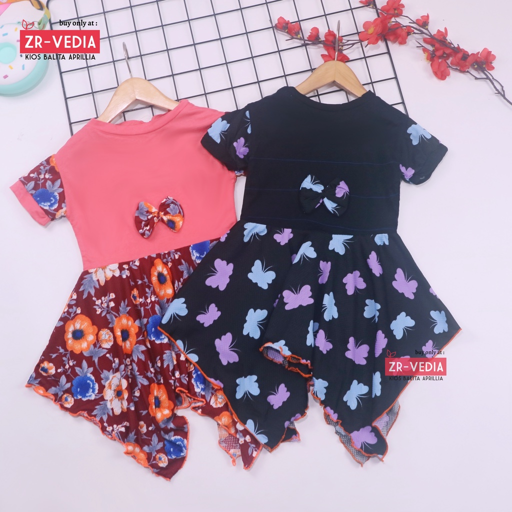 Dress Jennie 1-2 Tahun / Dres Anak Perempuan Lengan Pita Polos Branded Baju Pesta Pakaian Adem Murah