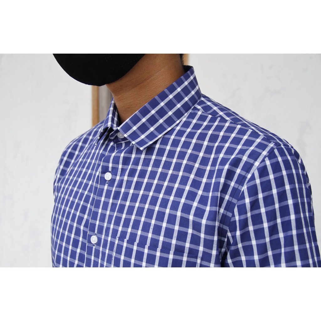 Kemeja Formal Slimfit Maginot Lengan Pendek Pria Motif Kotak-kotak Biru 06 Good Quality 100% Original