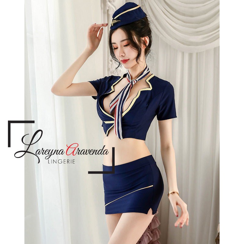 Set Lingerie Seksi + Rok + Topi Model Cosplay Pramugari Executive LG176