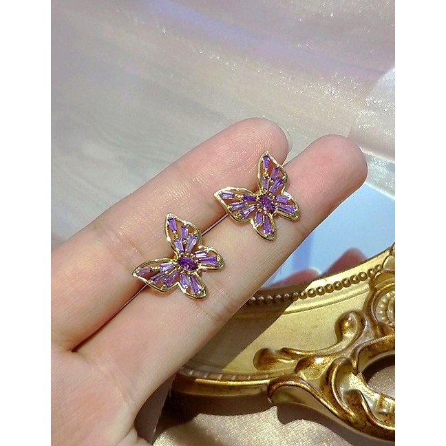 LRC Anting Tusuk Fashion Purple Transparent Crystal Butterfly Alloy Earrings K49011