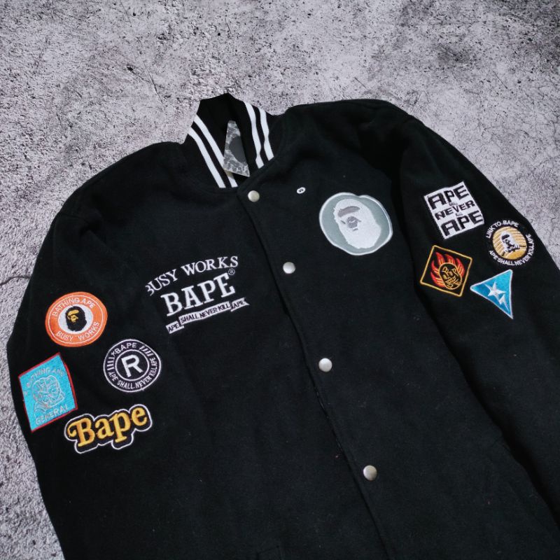 VARSITY JACKET BAPE ARCHIVE PATCH PUFFER BORDIR HITAM LENGAN KULIT AUTHENTIC FULLTAG &amp; LEBEL