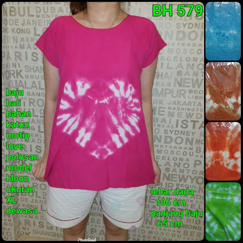 BH 579 B baju Bali model bloon ukuran XL motip love putih dasar warna