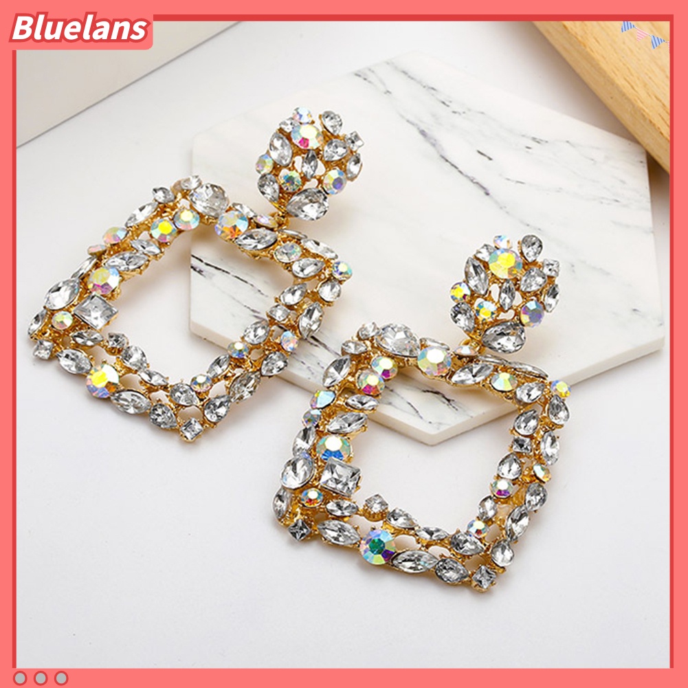 Bluelans Bohemia Women Colorful Rhinestone Hollow Square Charm Statement Stud Earrings