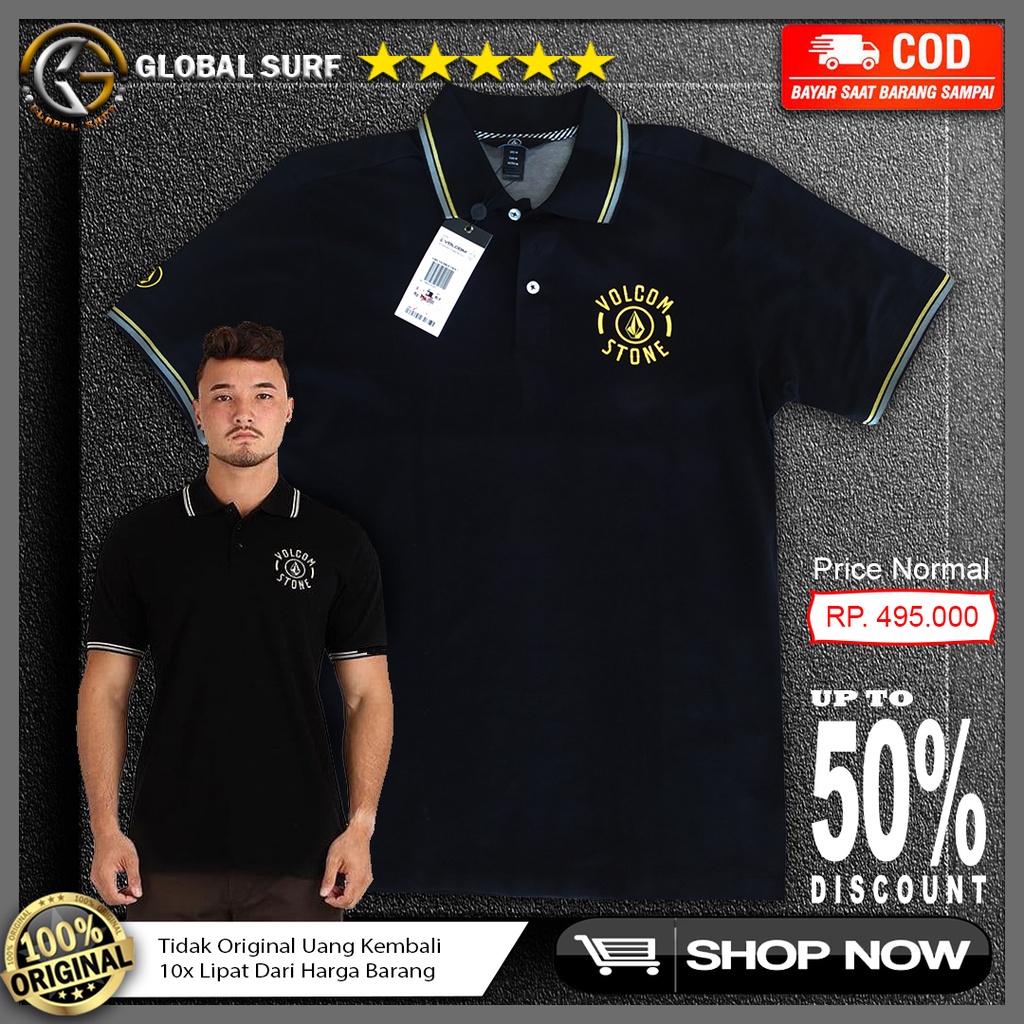 Kaos Polo Volcom Original Hitam Polos Slimfit Baju Berkerah Style Casual Gambar Depan Nuansa Surf