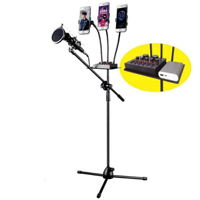 Stand Berdiri Microphone Standing Holder Tripod with 3 x Smartphone Holder