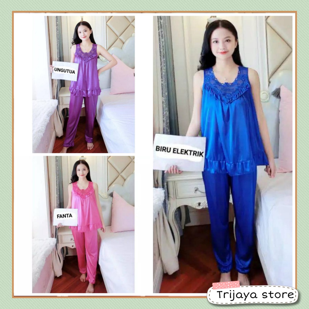 Trijaya . Setelan celana panjang CP happy jumbo satin import fit xxl