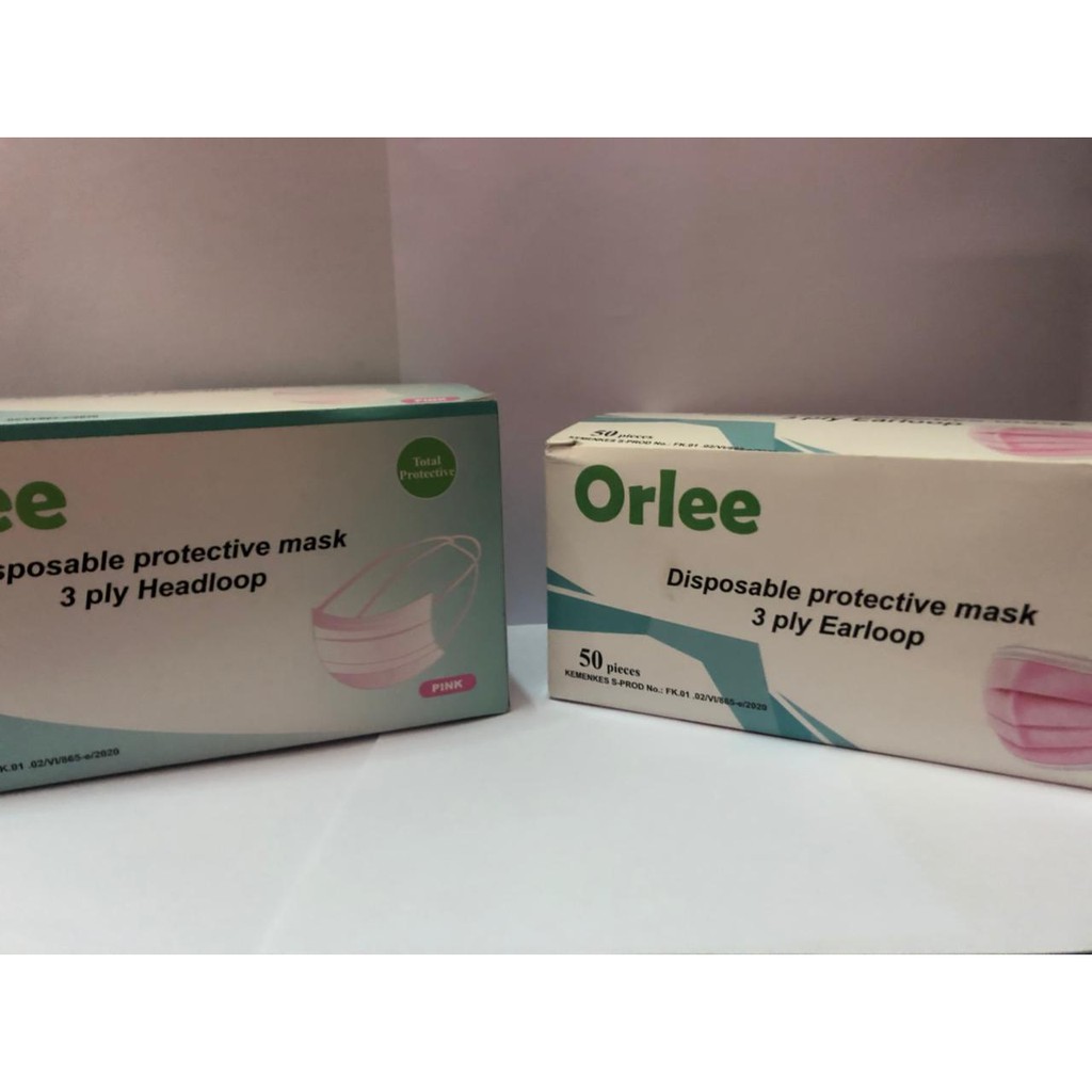 Masker 3 Ply 3ply Headloop Hijab / Earloop Orlee Original kemenkes Pink isi 50