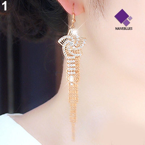 Anting Hook Panjang Bentuk Bunga Bahan Alloy Aksen Berlian Imitasi Untuk Wanita