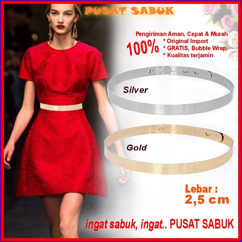 Gesper Sabuk Ikat Tali Pinggang Women Belt Plat Wanita cewek GOLD Fashion Obi Emas 2 cm Besi Impor