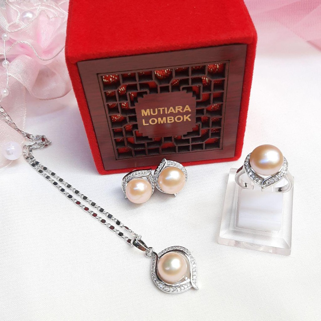 set mutiara air tawar Rhodium putih