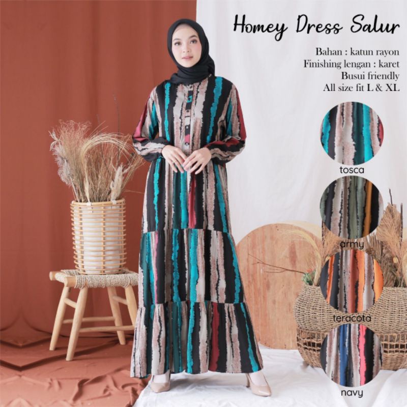 Dress muslim motif salur katun rayon premium midi wanita kekinian murah