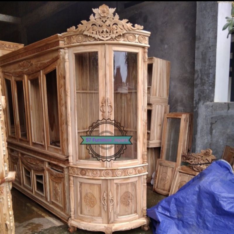 Rak kaca pajangan jati - Lemari hias ukir jepara