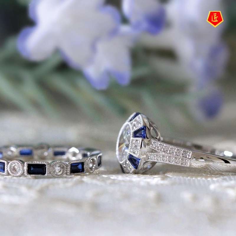 [Ready Stock]Fashion Simple Blue Topaz Square Diamond Ring Set