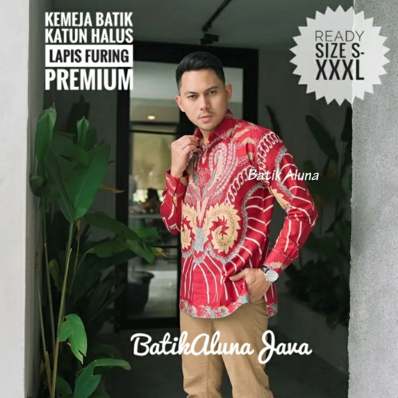 Batik Pria Lengan Panjang Batik Solo Premium Warna Merah Batik Halus Lapis Furing Terkini Batik Alun
