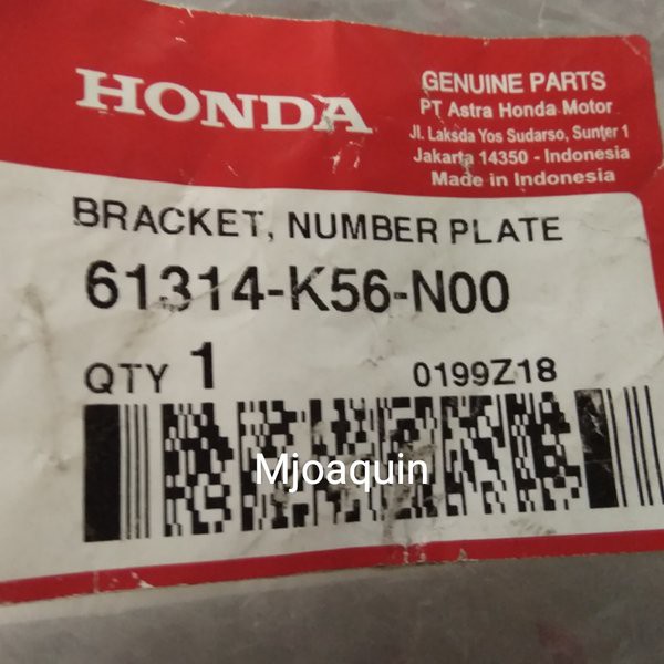 Bracket Number Plate Sonic 150 Ori AHM 61314K56N00 s88