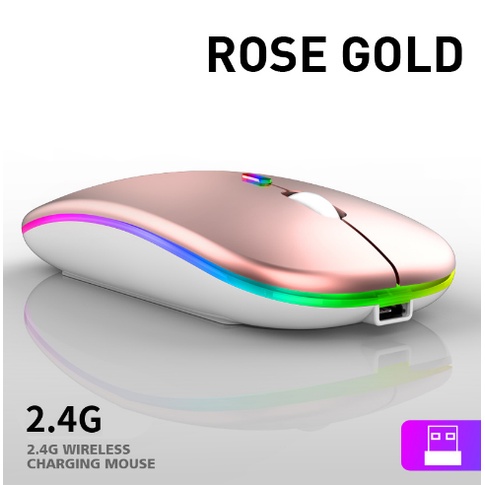 Bluetooth 5.1 + 2.4G Silent Wireless Mouse Rechargeable 1600 DPI RGB LED Backlit Isi Ulang Mouse Gaming-2.4G RGB - Emas