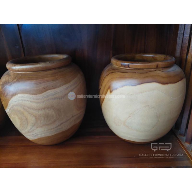 Hiasan Meja - Guci Gentong Kayu Jati Utuh 20x23cm