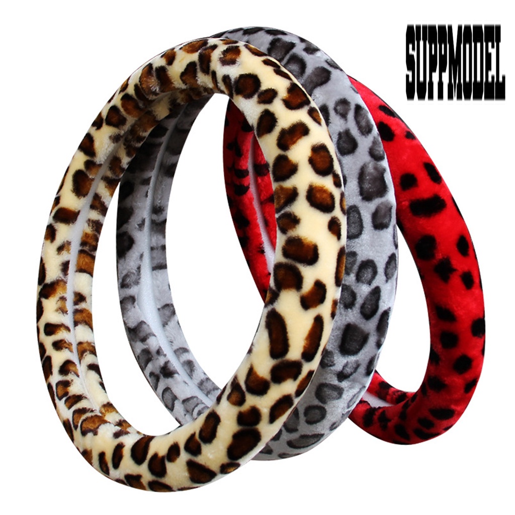 Sarung Setir Mobil Bahan Plush Lembut Elastis Anti Slip Motif Leopard Untuk Musim Dingin
