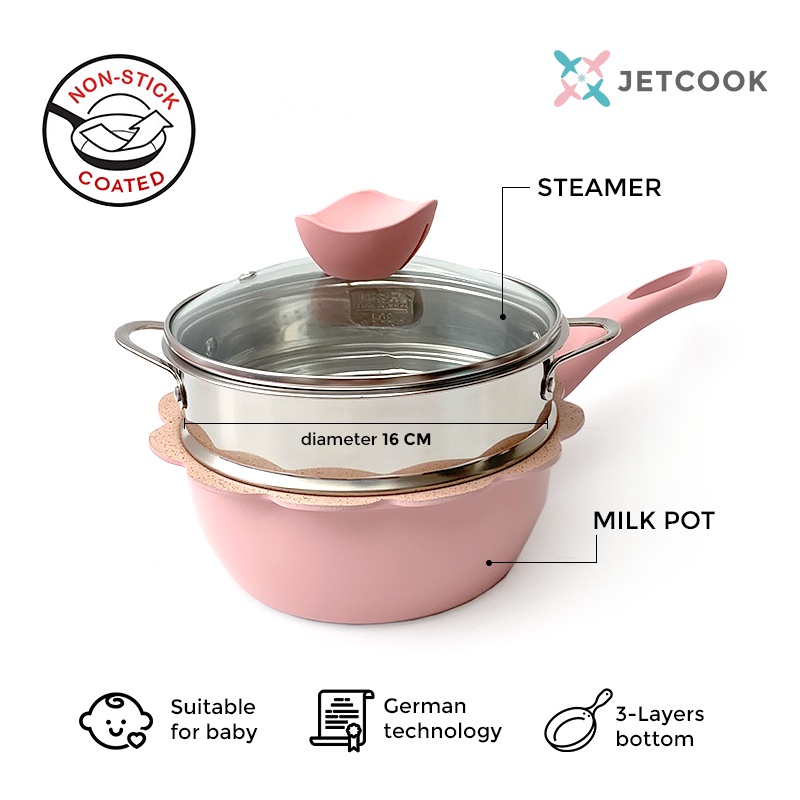 JetCook Baby Cookware Milk Pan dan Steamer 16cm - Panci dan Kukusan untuk Bayi - Pink