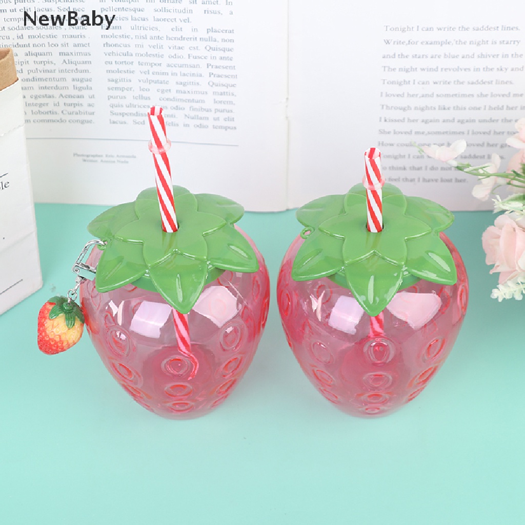 NewBaby Summer Cartoon Strawberry Straw Cup Plastic Cup Lovely Girl Portable Water Cup ID