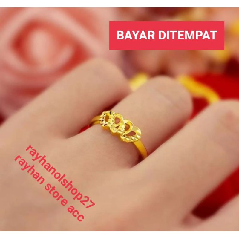 Cincin wanita sepuhan Emas 23k motif bentuk tiga Hati Cincin wanita Dewasa