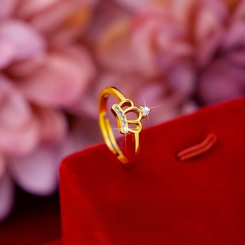 Cincin Lapis Emas Asli Kadar 375 Bentuk Mahkota Aksen Berlian Gaya Korea Untuk Wanita