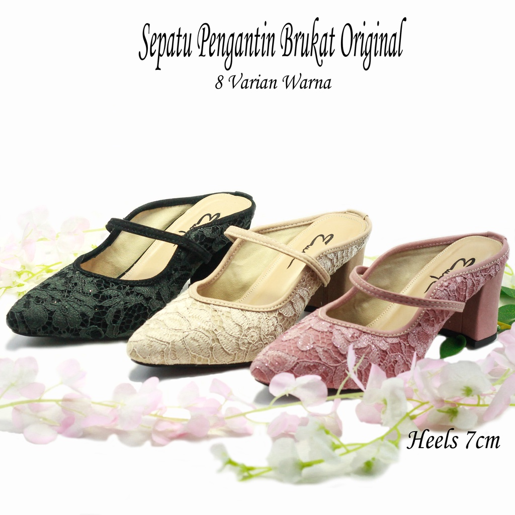 EMYE Heels Brukat Pengantin Wanita Hak Tahu 7cm  / Sandal Pengantin Wanita Terbaru /  Sandal Kondangan Wanita Brukat Original