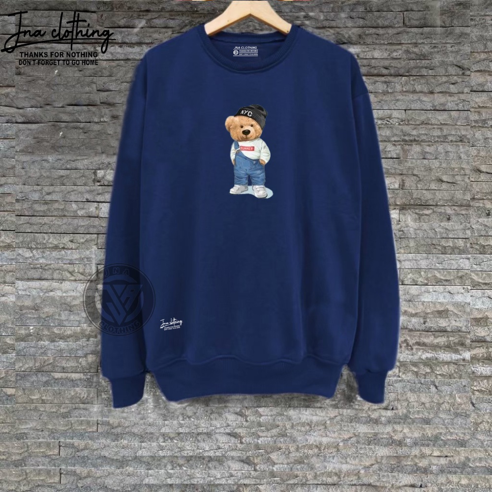 Sweter Crunek Tedy Bear Navy Basic Kekinian Terlaris Suweter Crewneck Gambar Beruang Topi Distro Terpopuler Switer CN Pria/Wanita Original