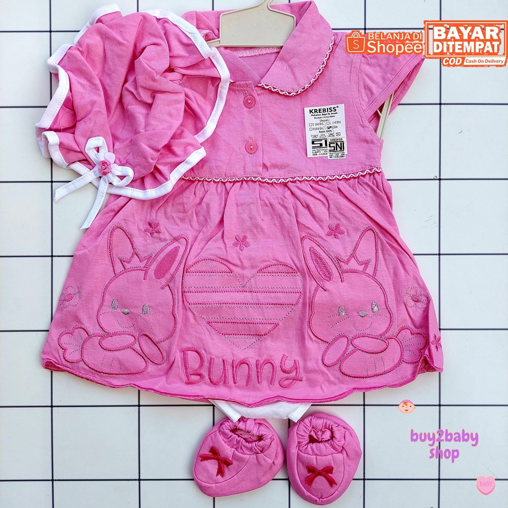 Setelan Dress Bayi Cewek lengkap Topi Pita dan Sepatu Set Vinata 0-3 bulan 1 PCS