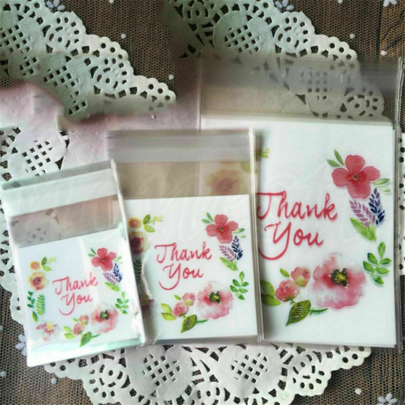 100 Pcs / set Tas Kemasan Kue / Biskuit / Permen Motif Bunga Thank You Dengan Perekat Untuk Pesta Ulang Tahun