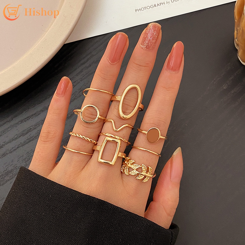 11 Pcs/set Geometry Leaf Rings Set Vintage Freestyle Collocation Gold Silver Ring for Women Fashion Jewelry Accessories