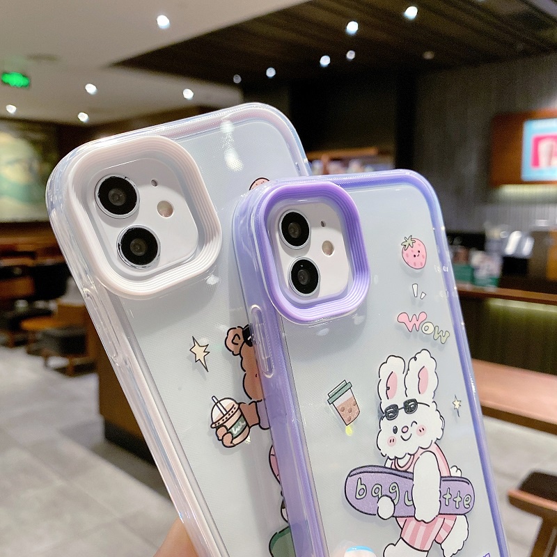 (3 In 1) Casing iPhone 11 12 13 Pro MAX X XR XS MAX 7 8 + Motif Beruang + Kelinci Lucu