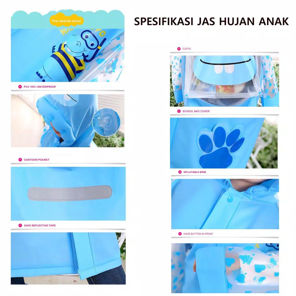 Jas Hujan Anak - Raincoat Mantel Hujan Terusan Anak Motif Karakter Lucu dengan Tas Belakang