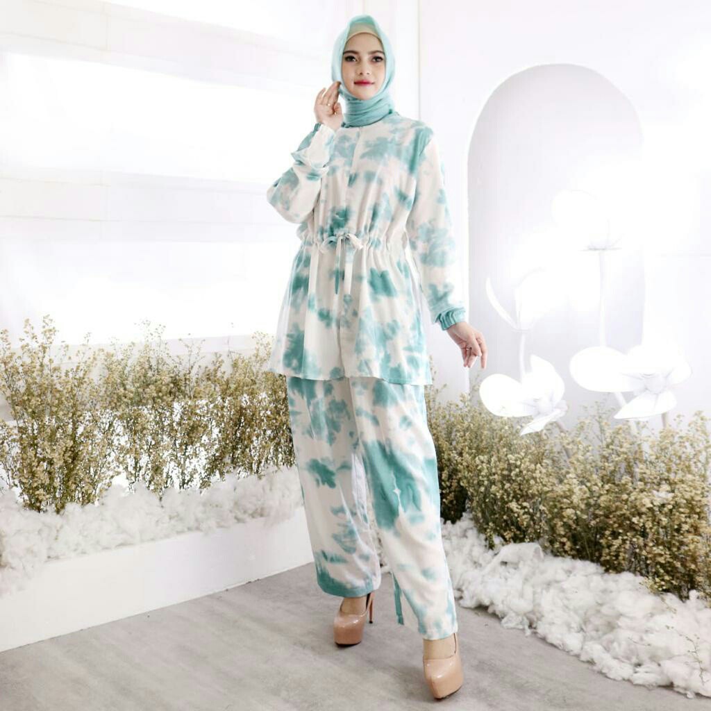 Baju Setelan liken busana wanita muslim lengan panjang dan celana  panjang bahan rayon real pic