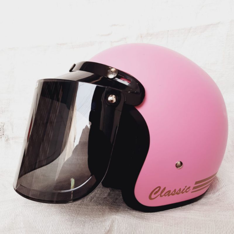 COD HELM BOGO DEWASA CLASIC GARIS  DEWASA POLOS GARIS KACA FLAT DATAR DAN KACA CEMBUNG-Pink dop