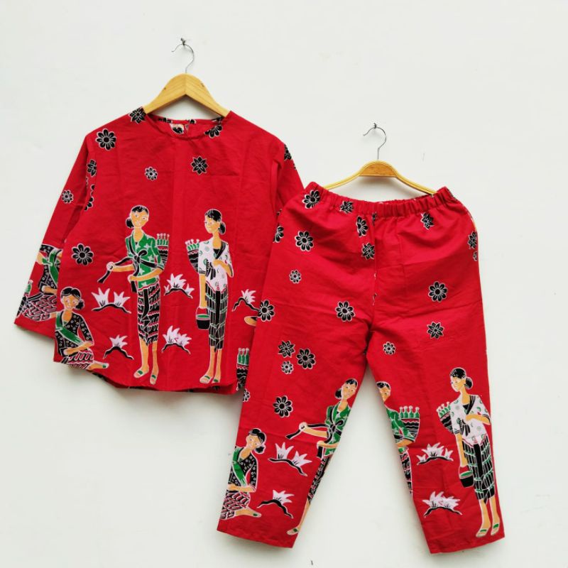 Setelan batik lucu mbok jamu lengan panjang, celana panjang bahan katun