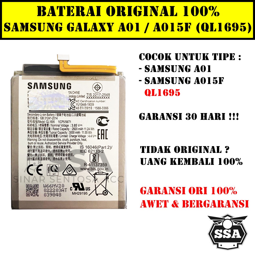 Baterai Original 100% Samsung Galaxy A01 A015F QL1695 Batrai Batu Batre Battery Batrei Handphone ORI HP