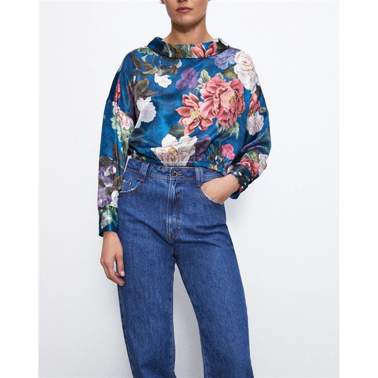 31257 Atasan Biru Wanita Oversize Motif Bunga Blue Flower Blouse