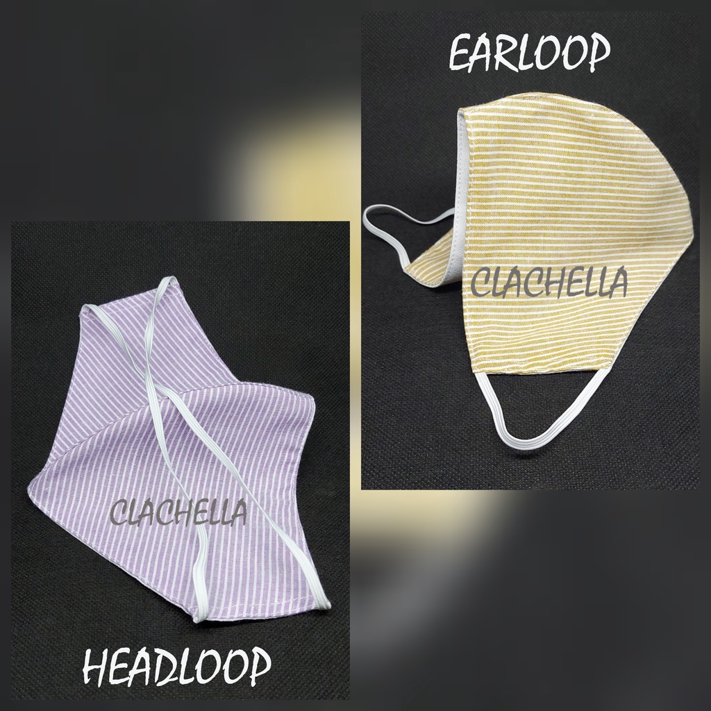 Clachella Masker Kain 3 Lapis Motif Garis, Masker Headloop (Hijab) &amp; Earloop