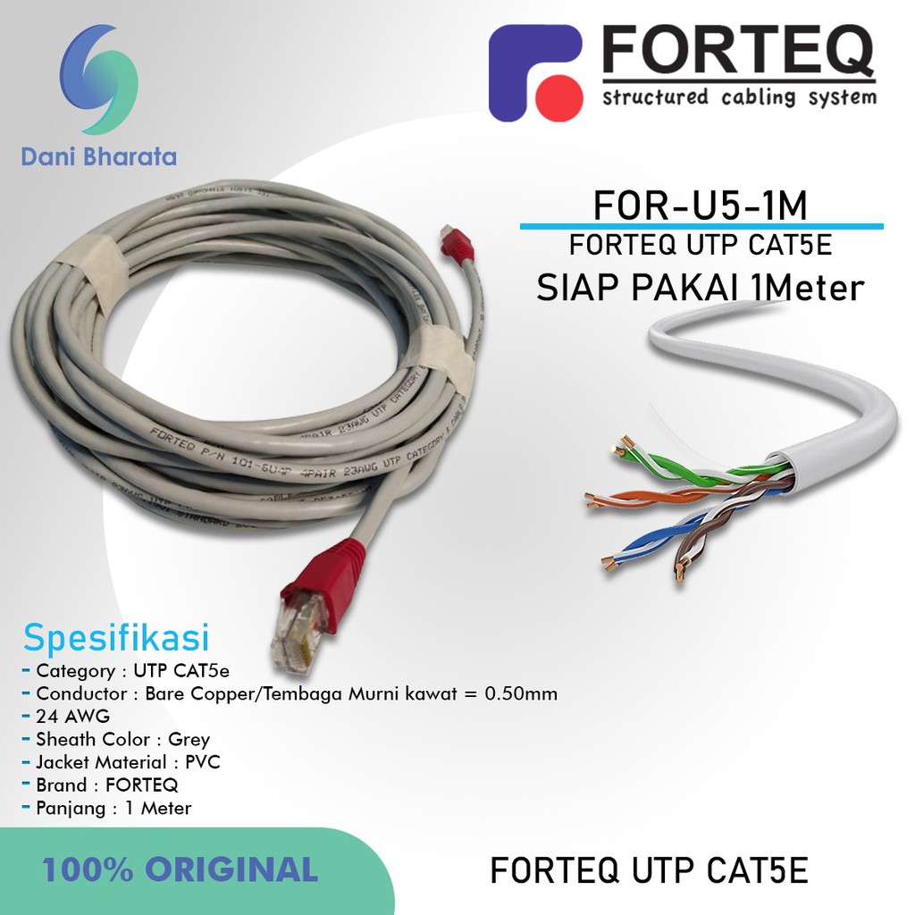 Kabel Lan Cat 5e UTP Copper Indoor Merk FORTEQ Kabel Lan Siap Pakai Panjang 1 Meter BRAND TERNAMA