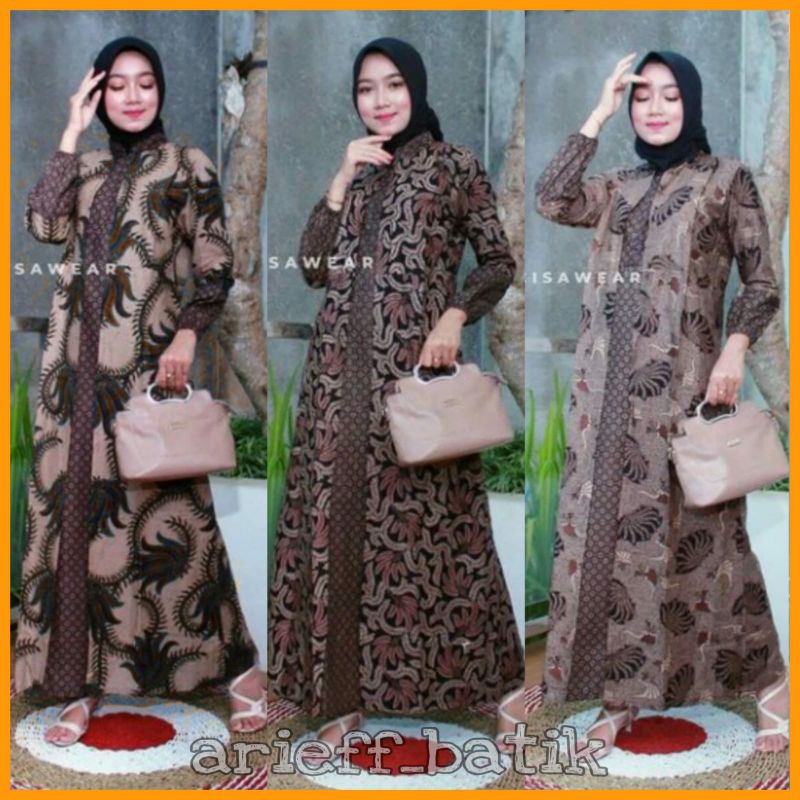 TERLARIS Gamis batik cardi lawasan coklat/long cardi sogan/gamis batik