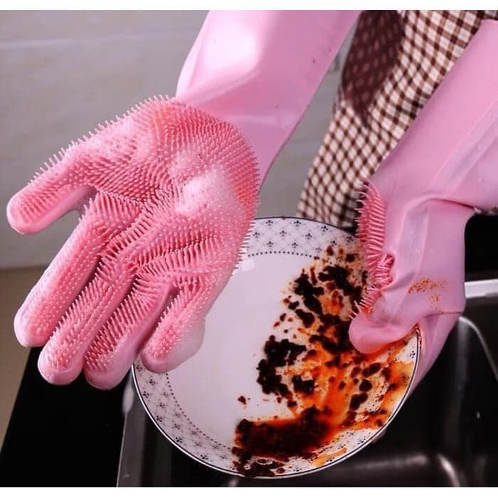 Sarung Tangan Silikon Gloves Tebel Tahan Panas Spons Cuci Piring Scrub