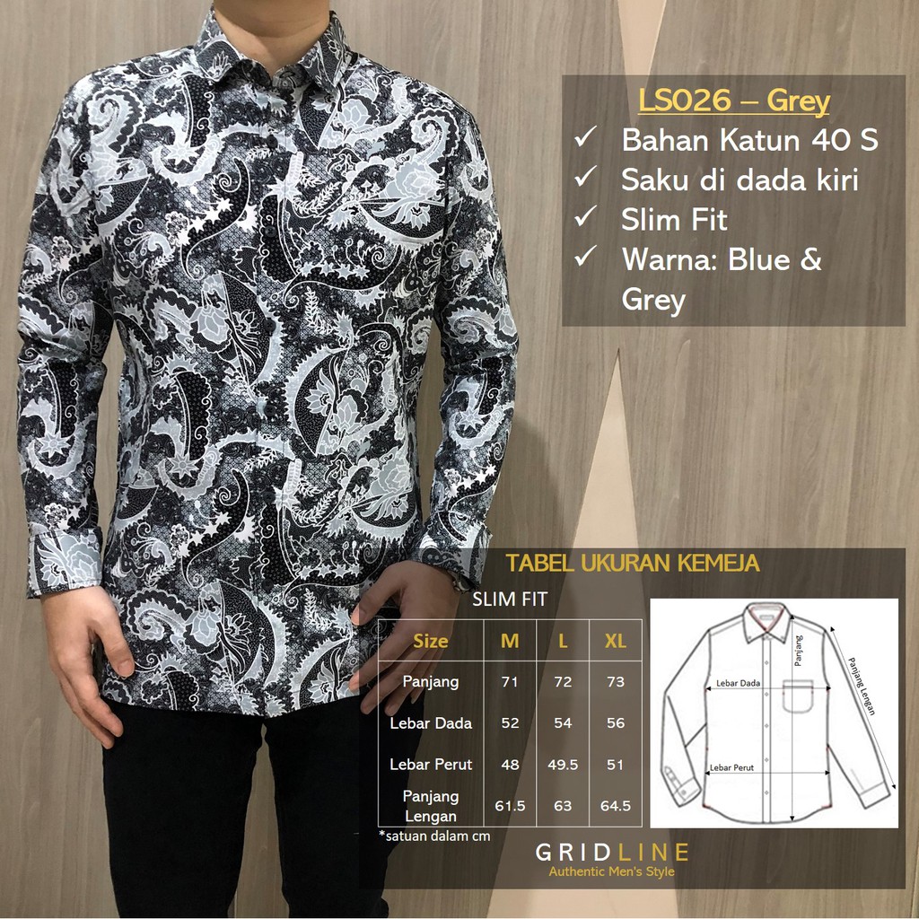 [GRIDLINE - LS059 LS026 Grey] Kemeja Batik Slimfit Pria Katun Lengan Panjang