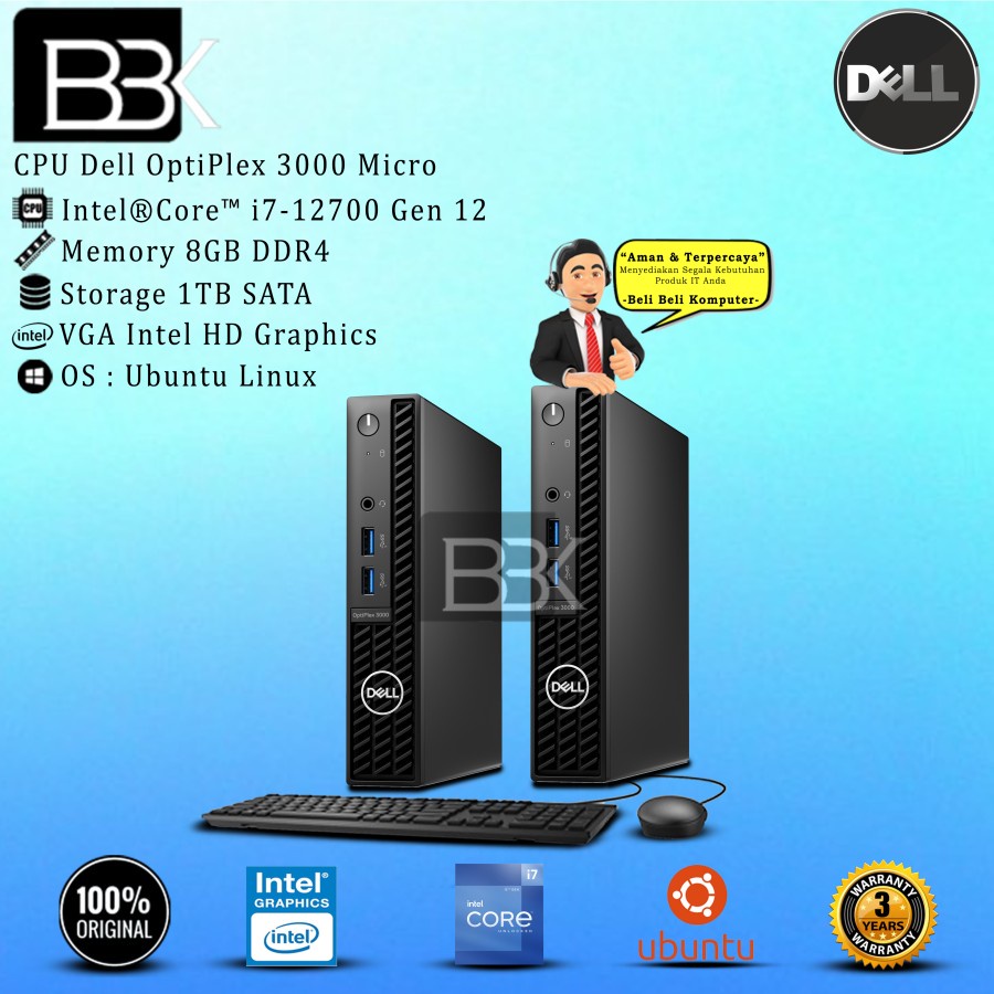 CPU Dell Optiplex 3000 Micro Intel Core i7-12700 8GB 1TB SATA DOS 3YR