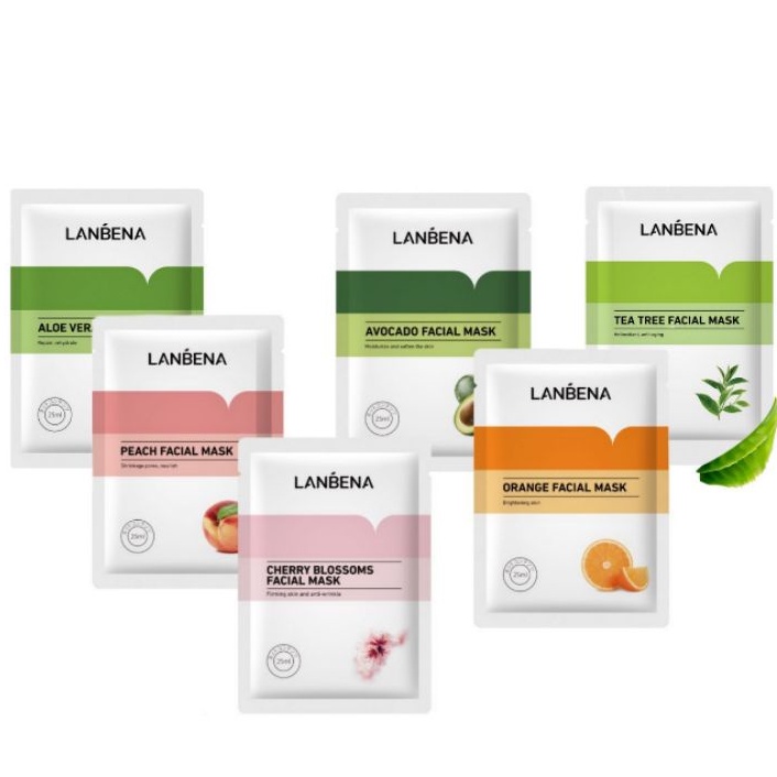 ✦SINAR✦ Lanbena Facial Mask - Sheet Mask | Aloevera - Peach - Orange - Tea Tree - Cherry Blossom - Avocado - Hyaluronic