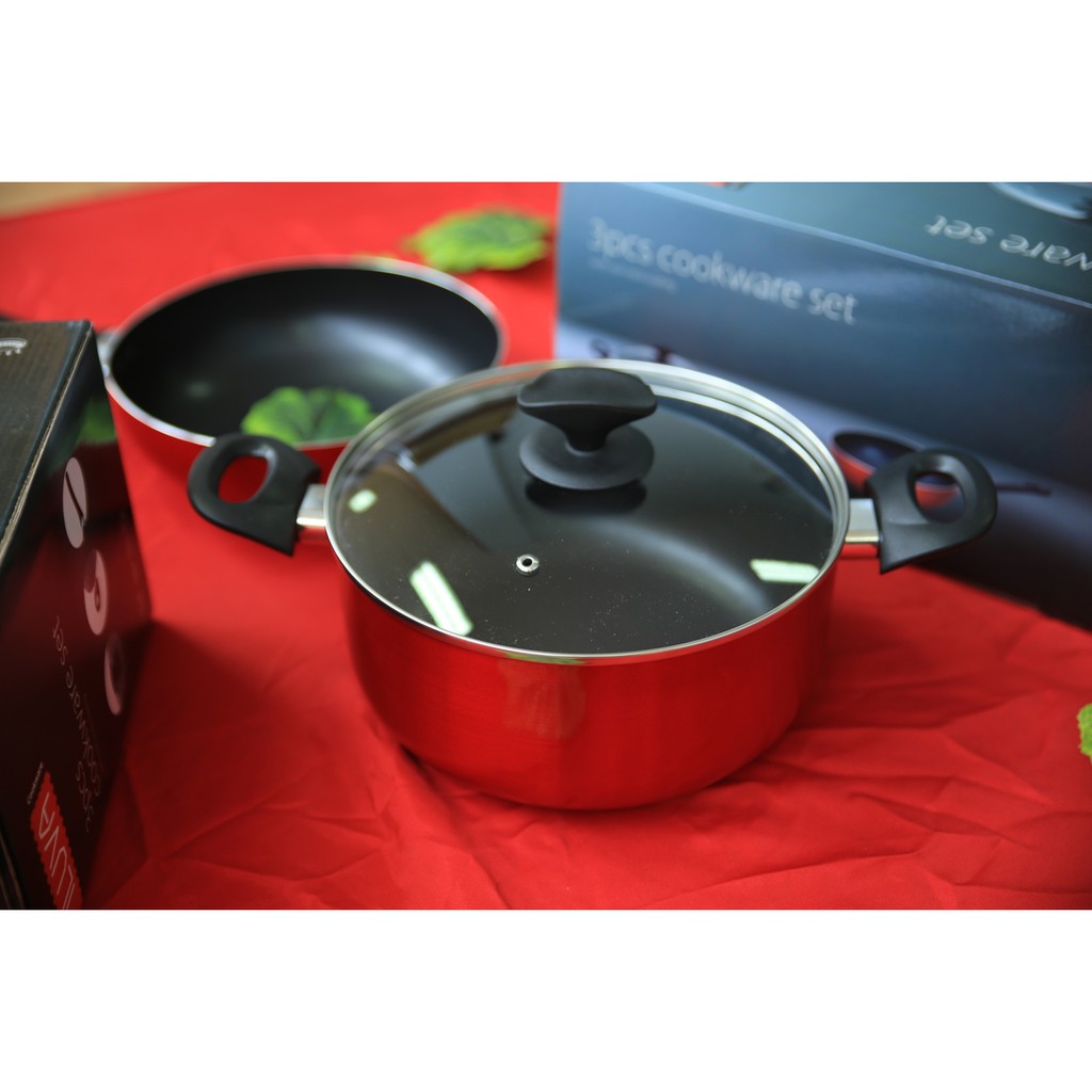 VOM-ILUVA 3Pcs Cookware Set Panci Wajan Teflon Set 0462