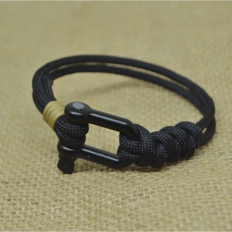 Gelang Pria Keren Hitam Polos Cowok Viral Outdoor Survival Paracord 4mm Bracelet Shackle D Premium