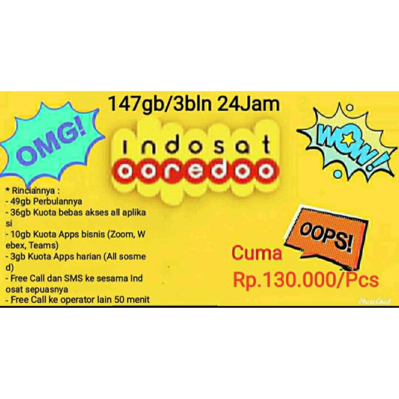 perdana indosat 147gb full 24jam masa aktif 3 bulan