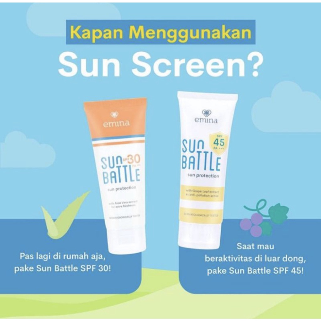 EMINA Sun Protection SPF 30 PA+++ 60mL | Emina Sun Battle SPF 45 | 30 PA+++ 30mL Sunscreen Skin Buddy